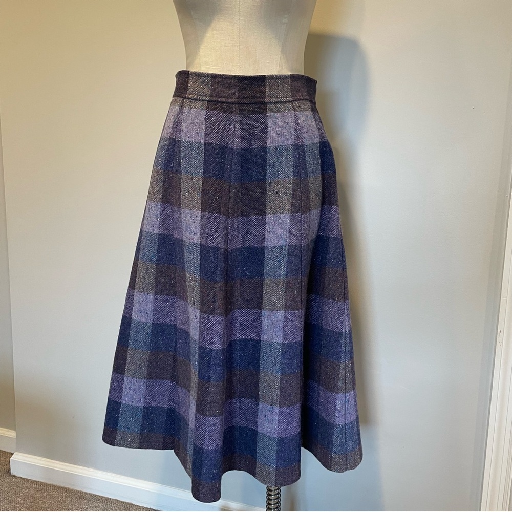 Purple plaid wool skirt made in Ireland